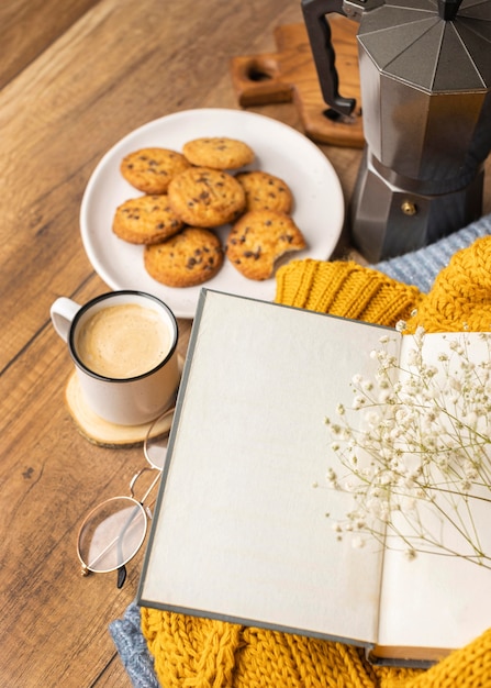 notebook with recipes and cup of coffee